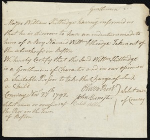 William Ethridge indentured to apprentice with William Kittridge of Conway