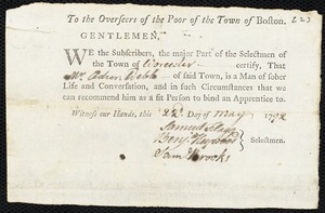 Peter Hunnewell indentured to apprentice with Adren Webb of Worcester
