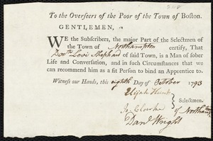 Elizabeth Bennet indentured to apprentice with Levi Shephard of Northampton