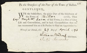 George Jolly indentured to apprentice with Hugh McLain [McLean] of Milton