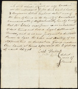 Bartholomew Tuckerman indentured to apprentice with Thomas Hopkins of Portland
