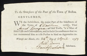Sophia Truan indentured to apprentice with Samuel Sprague of Charlestown