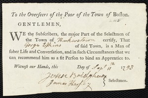 Document of indenture: Servant: Davies, Isaac. Master: Erskin, George. Town of Master: Baker Town. Selectmen of the town of Baker Town [Bakerstown] autograph document signed to the Overseers of the Poor of the town of Boston: Endorsement Certificate for G