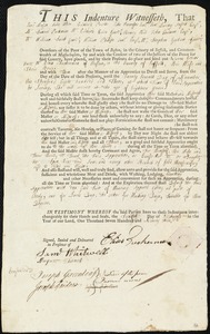 Document of indenture: Servant: Davies, Isaac. Master: Erskin, George. Town of Master: Baker Town. Selectmen of the town of Baker Town [Bakerstown] autograph document signed to the Overseers of the Poor of the town of Boston: Endorsement Certificate for G