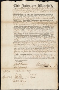Document of indenture: Servant: Bailey, James. Master: Ruggles, Benjamin. Town of Master: Hardwick. Selectmen of the town of Hardwick autograph document signed to the Overseers of the Poor of the town of Boston: Endorsement Certificate for Benjamin Ruggle