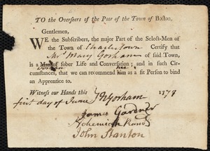 Eleanor Bennet indentured to apprentice with Mary Gorham [Goreham] of Charlestown