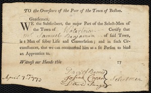 Thomas Codd indentured to apprentice with Samuel Benjamin of Watertown