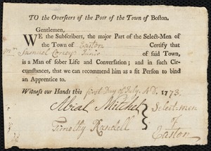 Elizabeth White indentured to apprentice with Samuel Coney, Jr. of Easton