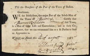 Sarah Pattin indentured to apprentice with Thomas Robinson of Hardwick