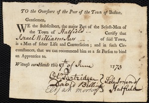 Elizabeth McColloch indentured to apprentice with Israel Williams, Jr. of Hatfield