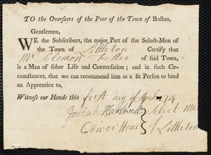 John Grimes indentured to apprentice with Solomon Foster of Littleton