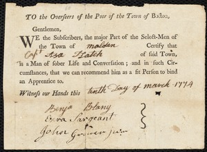 William Smith indentured to apprentice with Asa Hatch of Malden