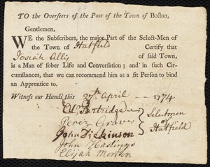 Joseph Barratt indentured to apprentice with Josiah Allis of Hatfield
