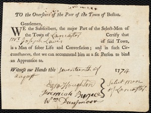 Samuel Greenough indentured to apprentice with Joseph Lewis of Lancaster