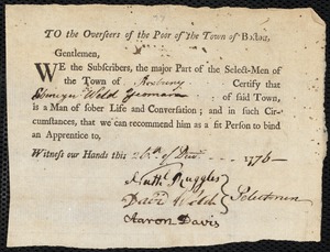 John Trevaty indentured to apprentice with Ebenezer Weld of Roxbury