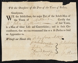 Richard Goodwin indentured to apprentice with John Williams of Rutland
