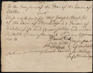 Joseph Pope indentured to apprentice with Joseph Morse, Jr. of Sturbridge