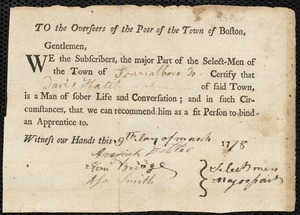 Margaret Harris indentured to apprentice with David Hatch of Pownalborough