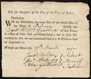 Benjamin Scott indentured to apprentice with William Goodhue, Jr. of Salem