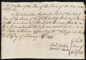 Samuel Pitts indentured to apprentice with Edward Taylor of Westfield