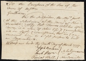 Mary Jones indentured to apprentice with Thomas Fletcher of New Braintree
