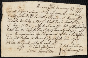 James Stuart indentured to apprentice with Timothy Lyman of Murrayfield