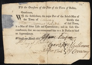 John Cullam Baker indentured to apprentice with Benjamin Vose of Milton
