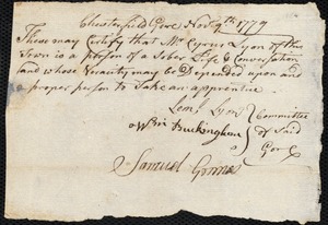 James Burrows indentured to apprentice with Cyrus Lyon of Chesterfield
