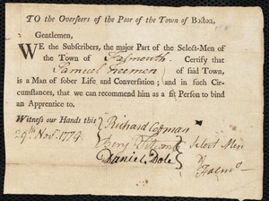 Ebenezer Scott indentured to apprentice with Samuel Freeman of Falmouth