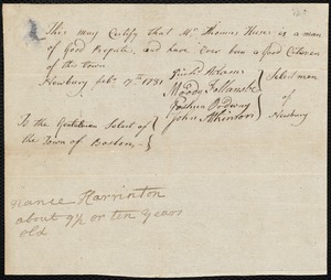 Nancy Harrinton indentured to apprentice with Thomas Husee [Huse] of Newbury
