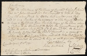Silverster Rush indentured to apprentice with John Barrett, Jr. of Concord