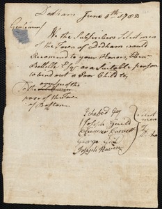Hannah Lydiett indentured to apprentice with Ebenezer Battelle of Dedham