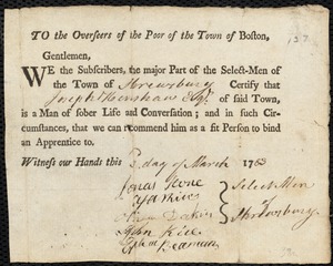 William Pattern indentured to apprentice with Joseph Henshaw of Shrewsbury