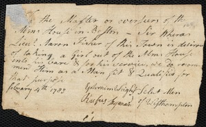 Susannah Peirse indentured to apprentice with Asron [Aaron] Fisher of Westhampton
