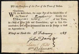 Nancy Murry indentured to apprentice with Thomas Weld of Roxbury