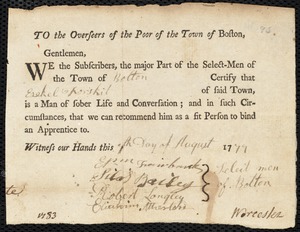 Mary Kiltey indentured to apprentice with Ezekiel Fosgate of Bolton