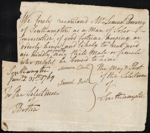 Mary Barrett indentured to apprentice with Lemuel Pomeroy of Southampton