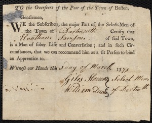 John Gilbert indentured to apprentice with Elnathan Samson of Dartmouth