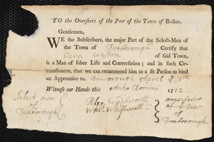 Mary McLary indentured to apprentice with Ezra Weston of Duxbury