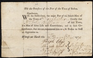 Elizabeth Warden indentured to apprentice with John Billings of Dorchester