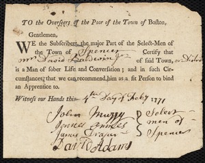 Timothy Foster indentured to apprentice with David Baldwin, Jr. of Spencer