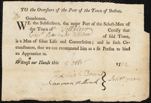 Thomas Cloud Reed indentured to apprentice with Barnabas Attwood of Wellfleet