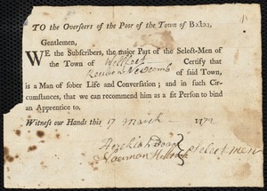 Henry Welch indentured to apprentice with Reuben Newcomb of Wellfleet