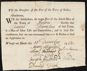John Griffin indentured to apprentice with Samuel Thompson of Holden
