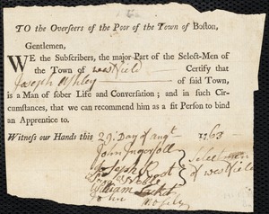 William Everton indentured to apprentice with Joseph Ashley of Westfield