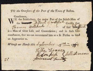 Elias Cox indentured to apprentice with Thomas Holbrook of Wellfleet