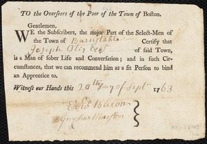 Moses Mangent indentured to apprentice with Joseph Otis of Barnstable