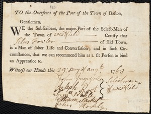 Andrew Crage [Croge] indentured to apprentice with Silas Fowler of Westfield