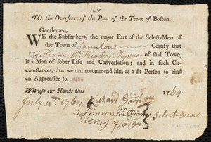 George Richardson indentured to apprentice with William McKinstry of Taunton