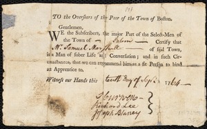 William Bright indentured to apprentice with Samuel Marshall of Salem